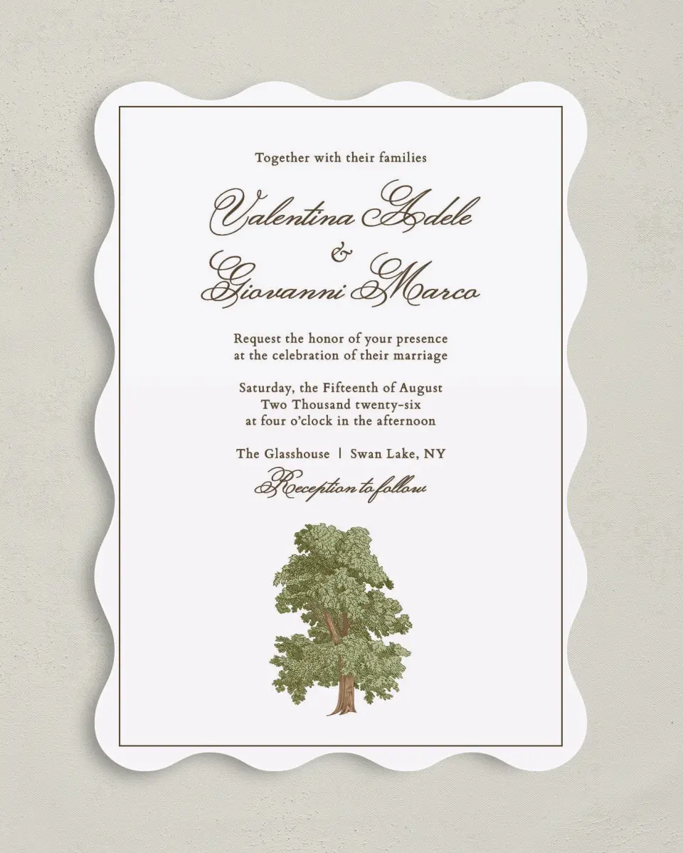 This is a 5" x 7" Wavy Wedding Invitation called Holloway printed in full color on Premium Smooth paper