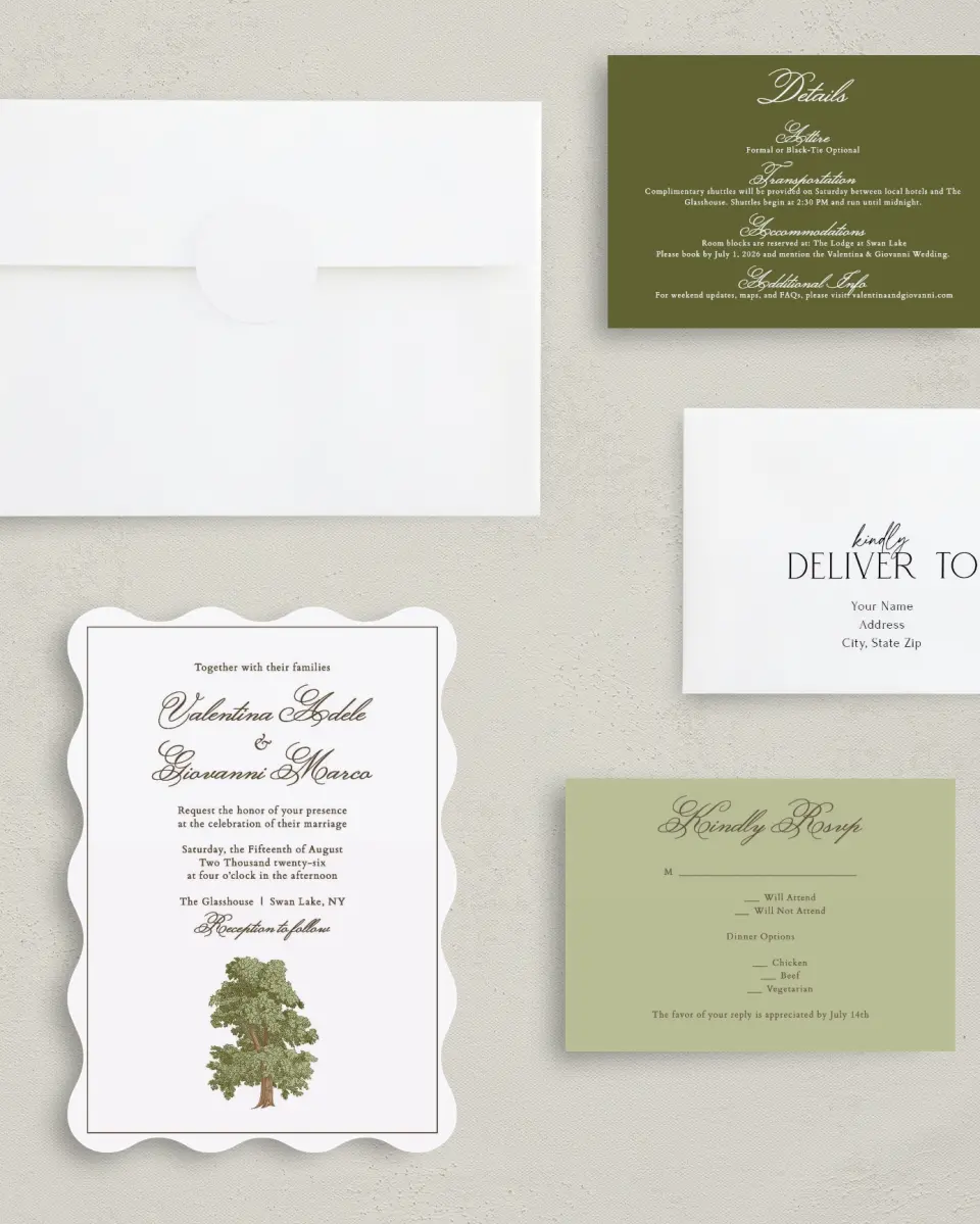 This is a 5" x 7" Wavy Wedding Invitation called Holloway printed in full color with Silver foil on Luxe Satin (coated) paper