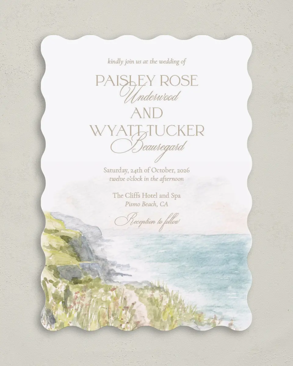 This is a 5" x 7" Wavy Wedding Invitation called Kensington printed in full color on Premium Smooth paper