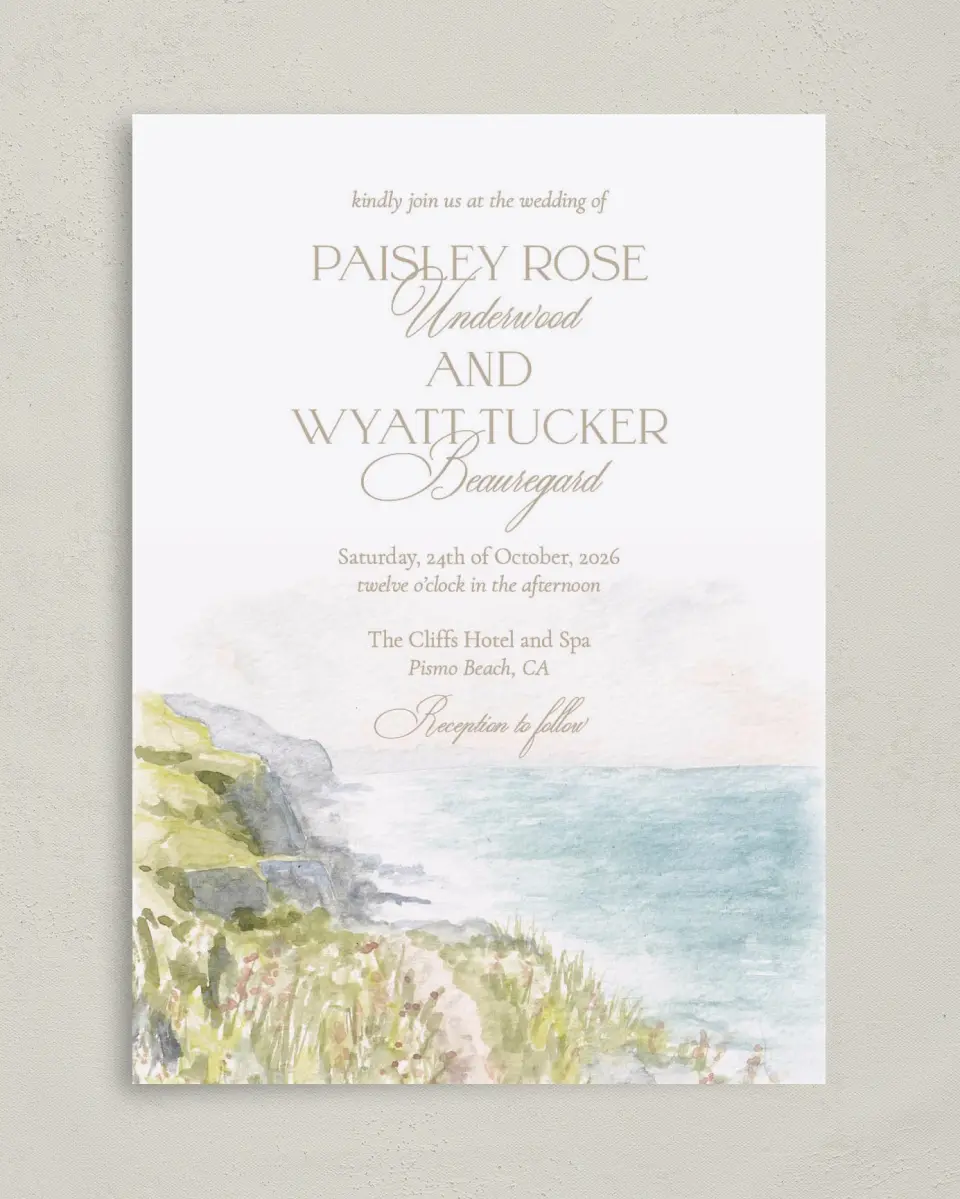 This is a 5" x 7" Classic Wedding Invitation called Kensington printed in full color on Premium Smooth paper