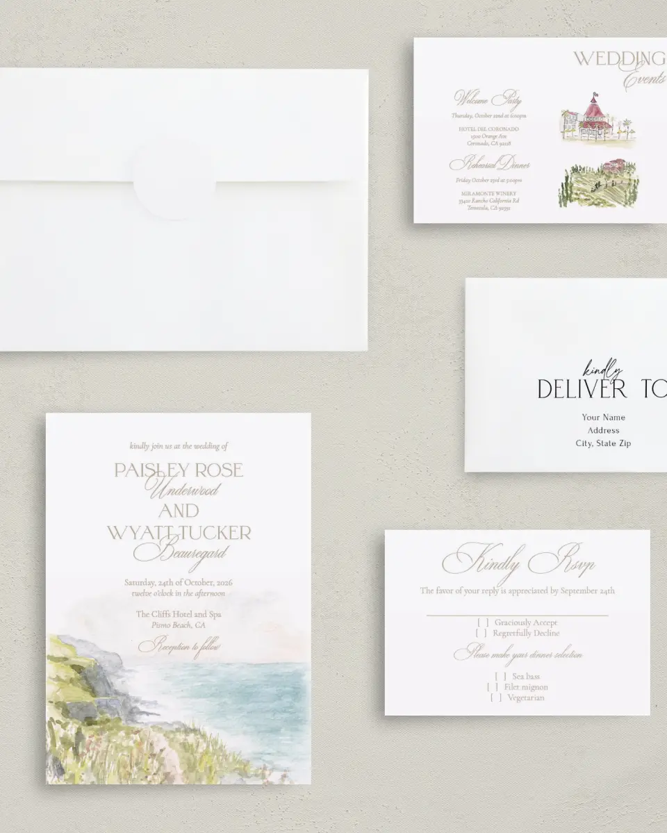 This is a 5" x 7" Classic Wedding Invitation called Kensington printed in full color with Gold foil on Luxe Satin (coated) paper
