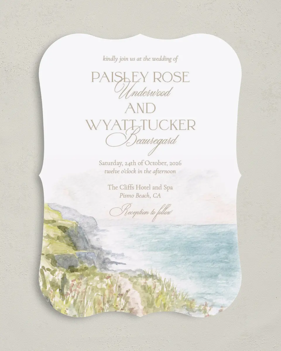 This is a 5" x 7" Bracket Wedding Invitation called Kensington printed in full color with Silver foil on Luxe Satin (coated) paper