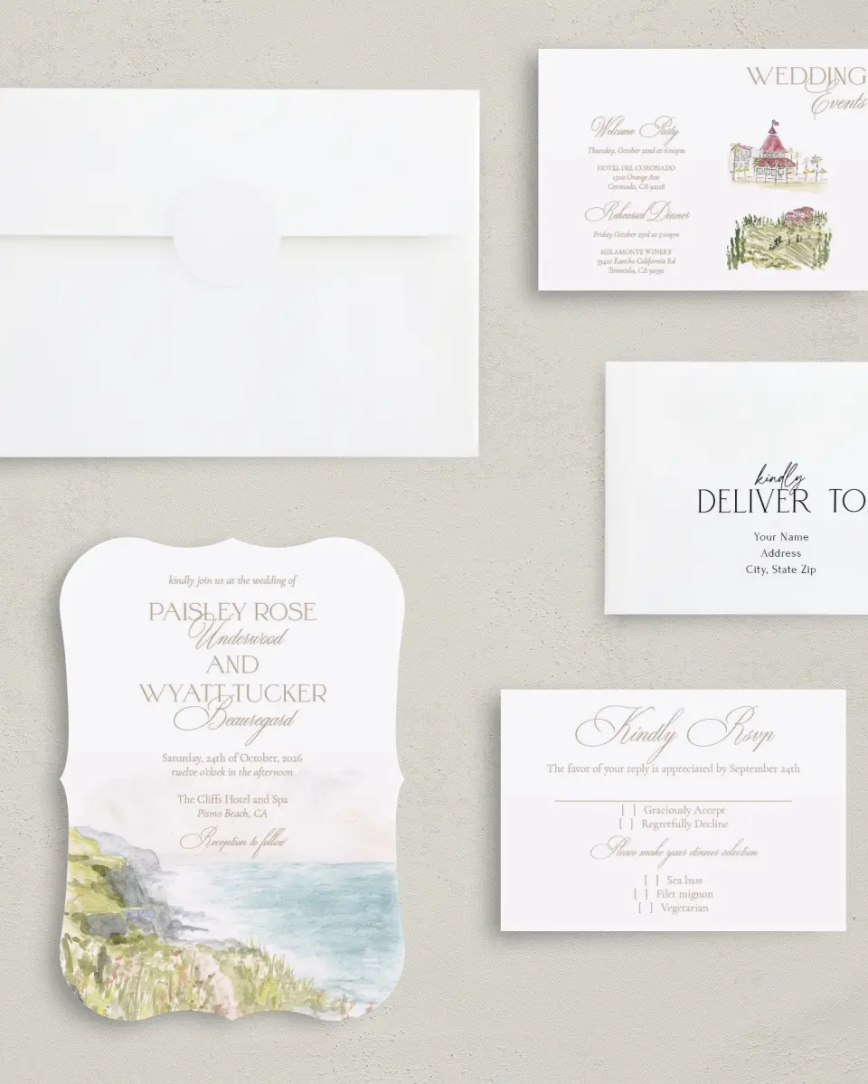 This is a 5" x 7" Bracket Wedding Invitation called Kensington printed in full color with Silver foil on Luxe Satin (coated) paper