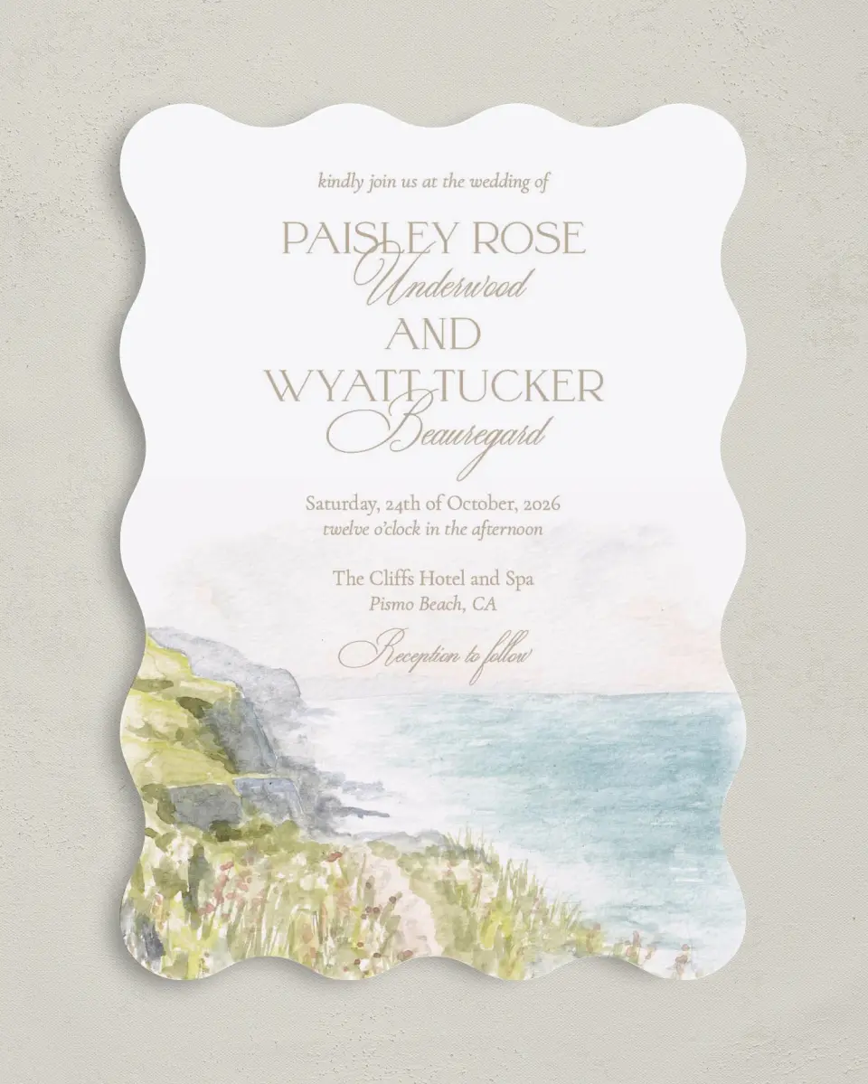 This is a 5" x 7" Wavy Wedding Invitation called Kensington printed in full color on Premium Smooth paper