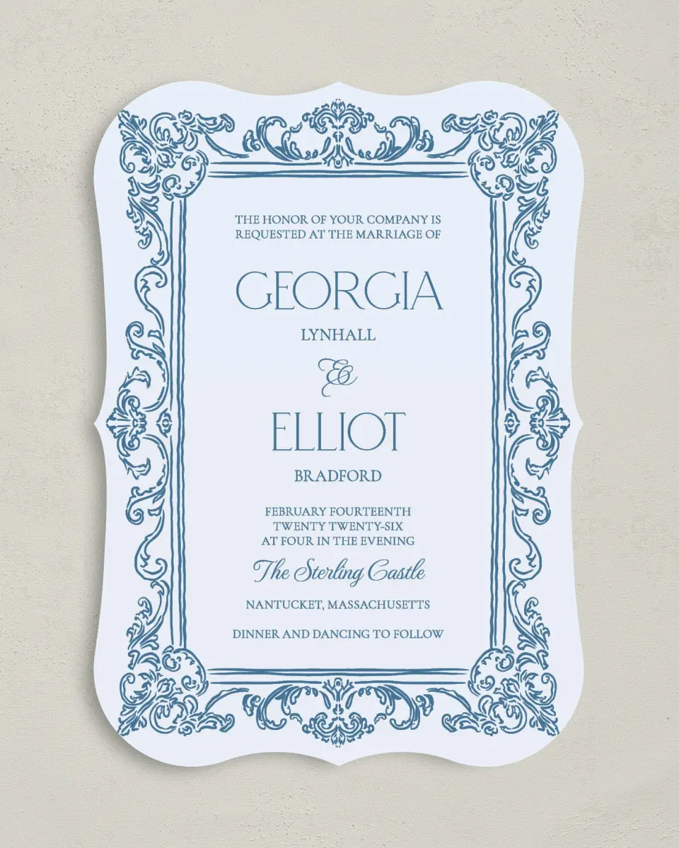 This is a 5" x 7" Bracket Wedding Invitation called Nantucket printed in full color on Premium Smooth paper