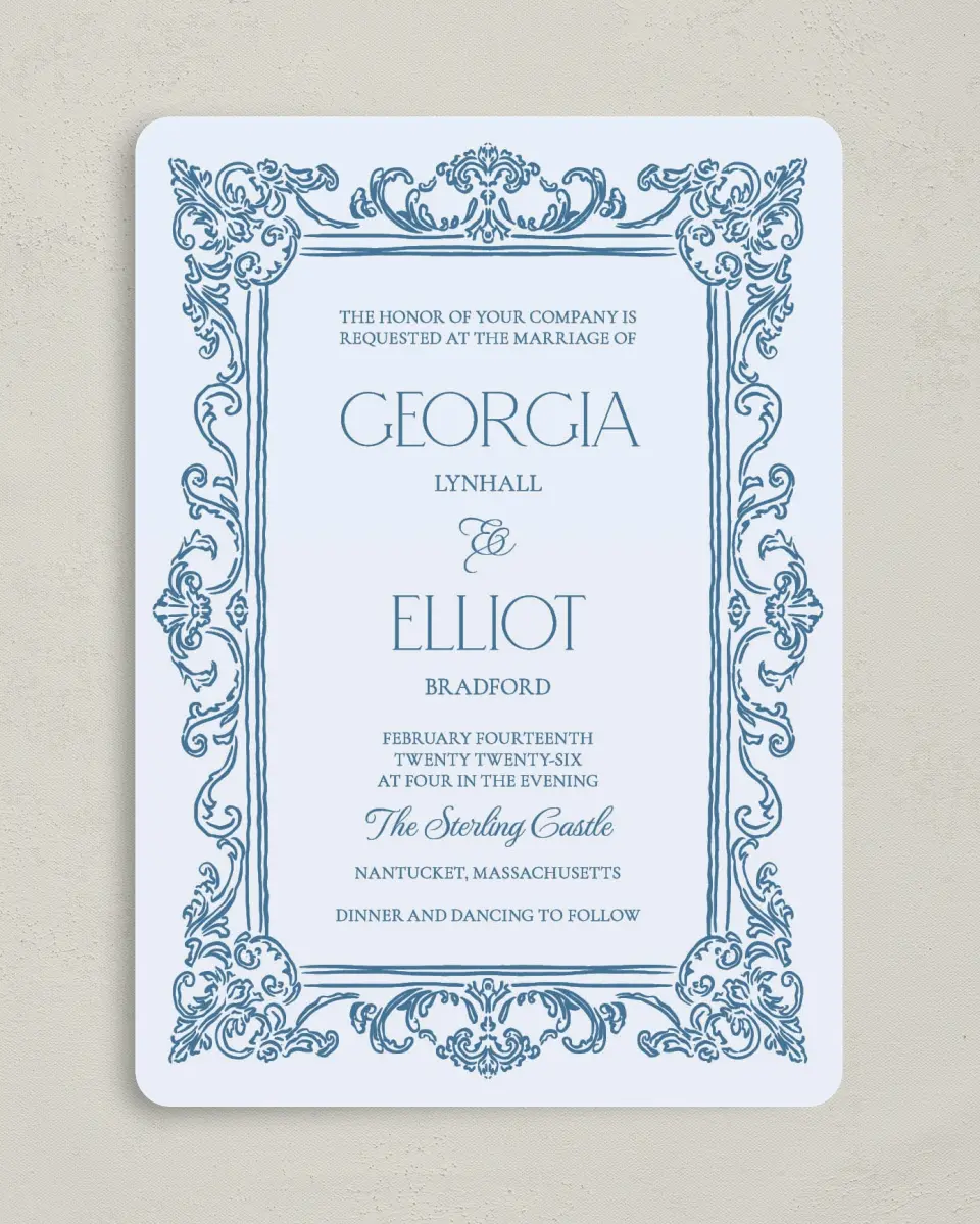 This is a 5" x 7" Rounded Wedding Invitation called Nantucket printed in full color on Premium Smooth paper