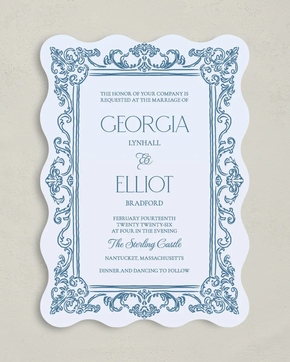 This is a 5" x 7" Wavy Wedding Invitation called Nantucket printed in full color on Premium Smooth paper