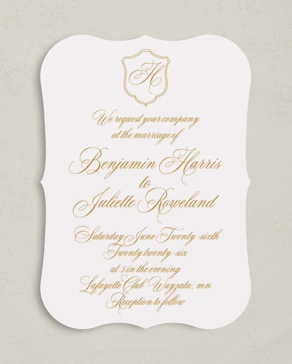 This is a 5" x 7" Bracket Wedding Invitation called Wayzata printed in full color on Premium Smooth paper