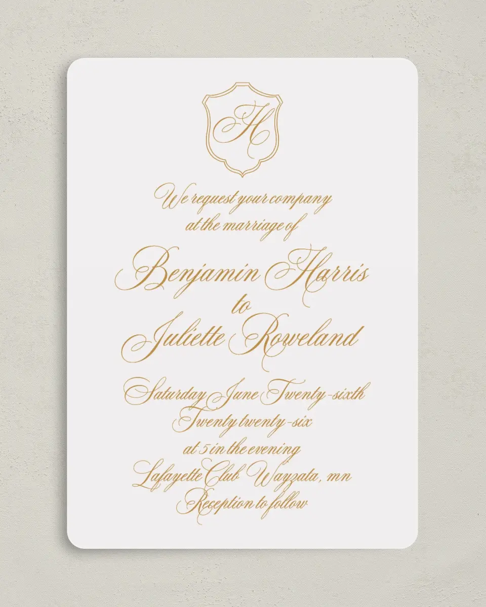 This is a 5" x 7" Rounded Wedding Invitation called Wayzata printed in full color on Premium Smooth paper