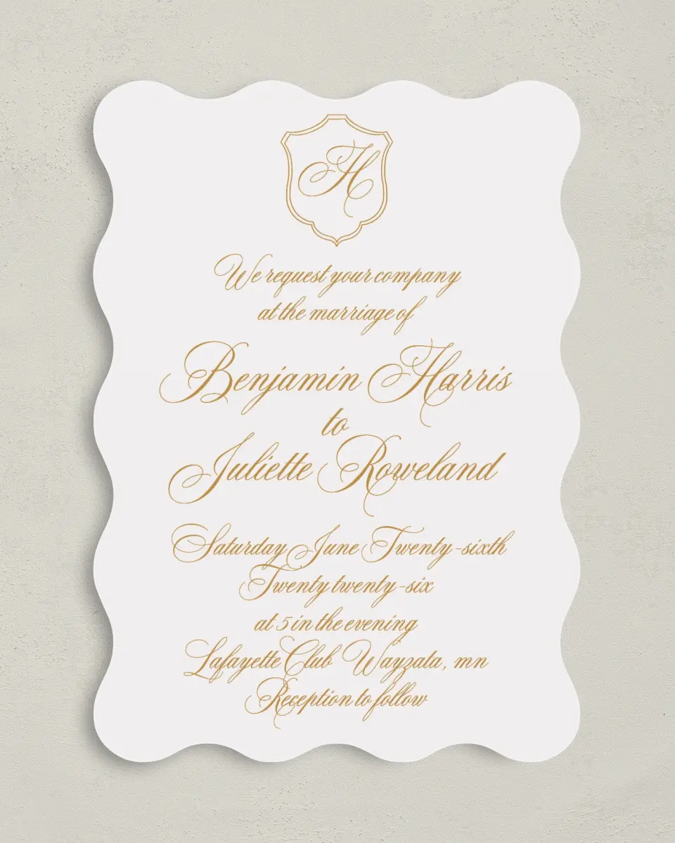 This is a 5" x 7" Wavy Wedding Invitation called Wayzata printed in full color on Premium Smooth paper