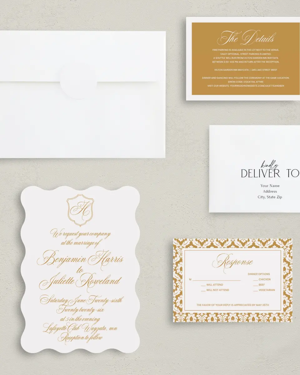 This is a 5" x 7" Wavy Wedding Invitation called Wayzata printed in full color on Premium Smooth paper