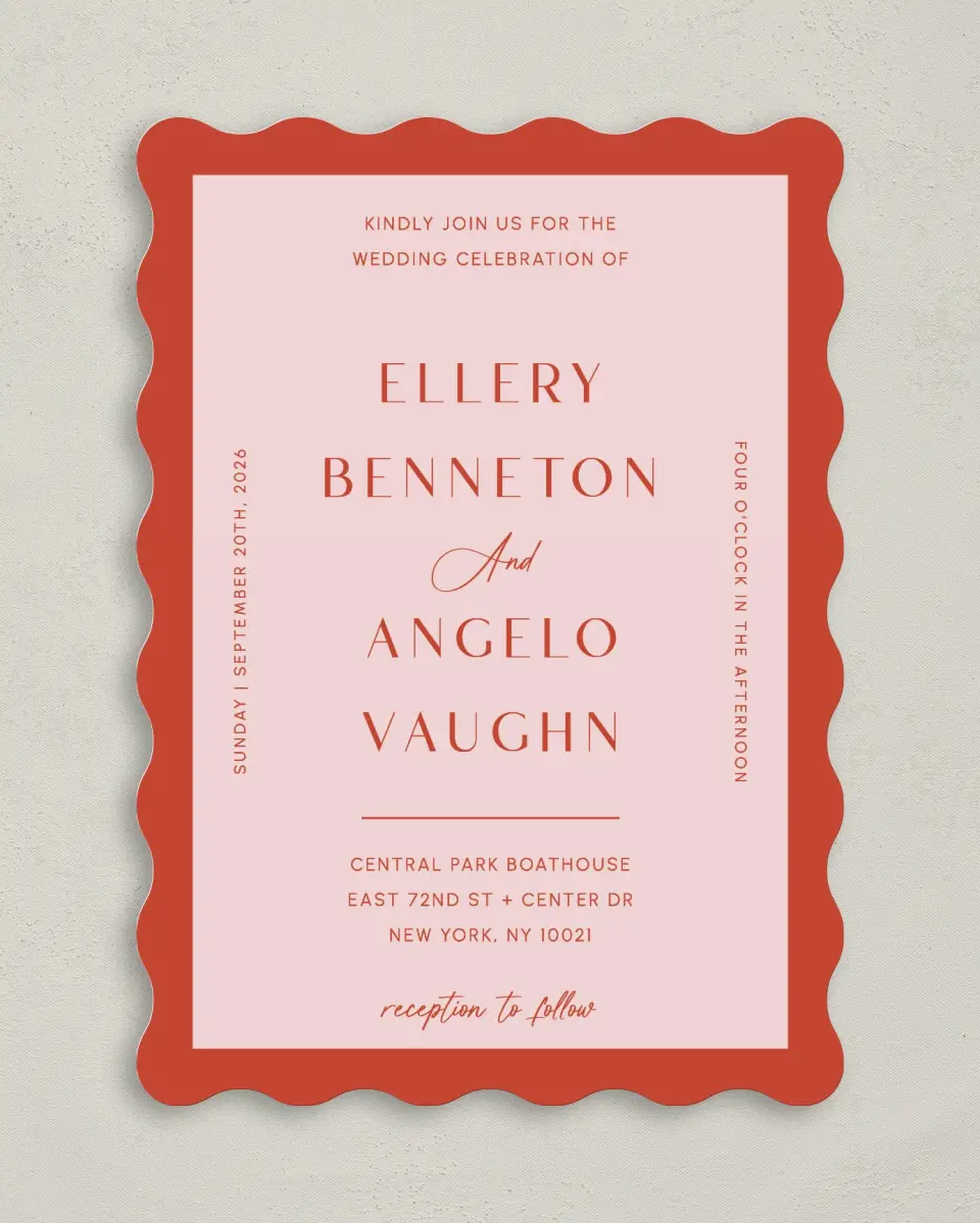 This is a 5" x 7" Wavy Wedding Invitation called Boathouse Bliss printed in full color on Premium Smooth paper