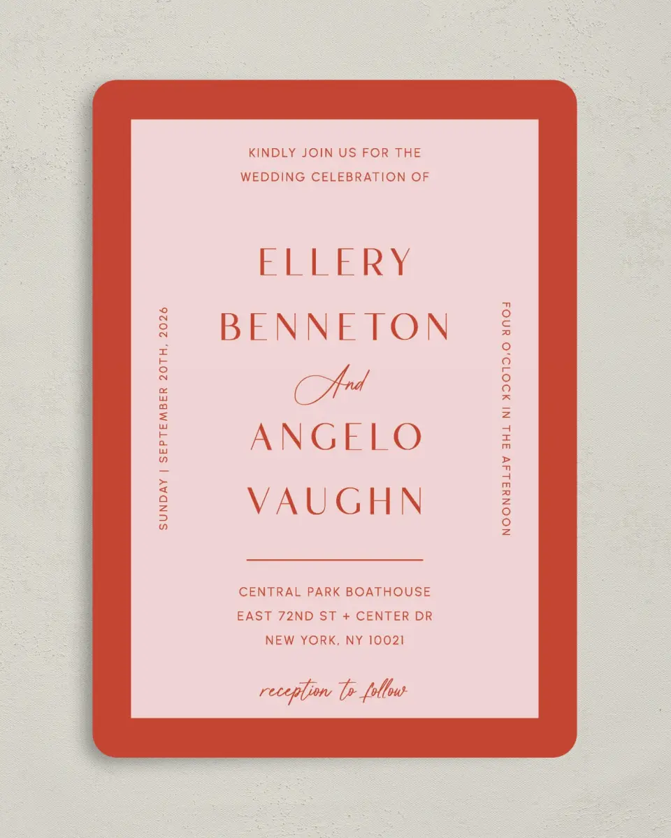 This is a 5" x 7" Rounded Wedding Invitation called Boathouse Bliss printed in full color on Premium Smooth paper