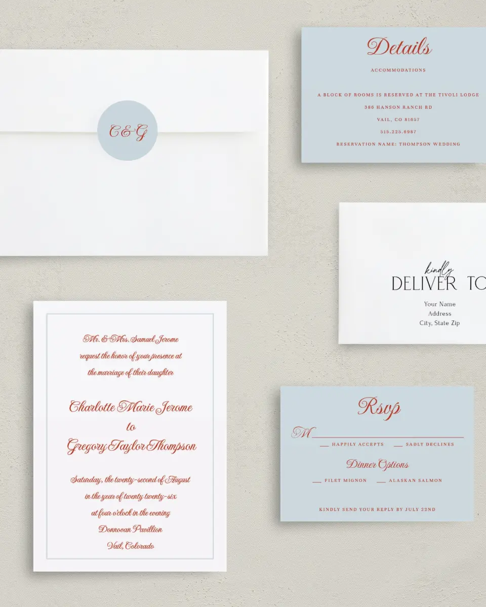 This is a 5" x 7" Classic Wedding Invitation called Mod Elegance printed in full color with Gold foil on Luxe Satin (coated) paper