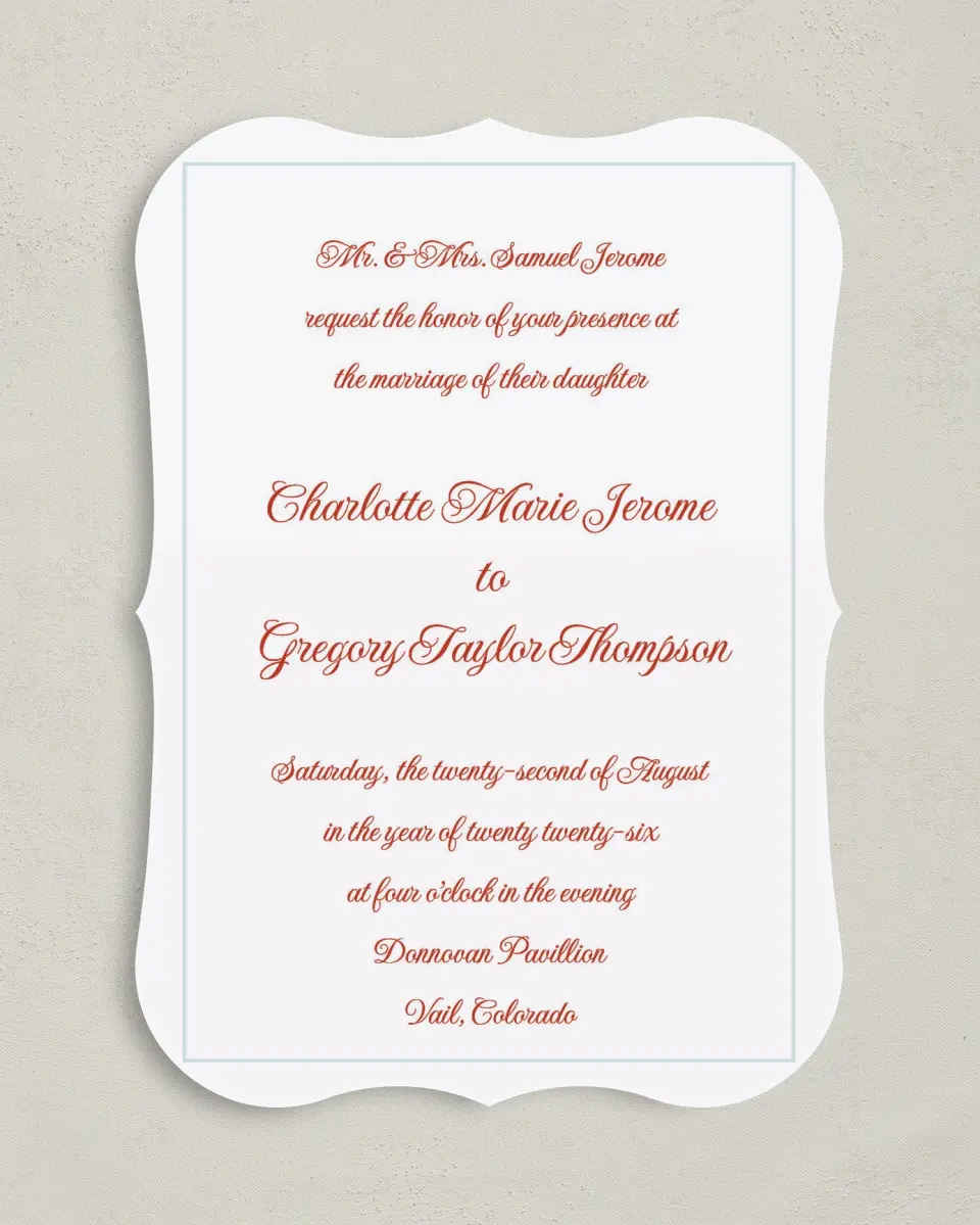 This is a 5" x 7" Bracket Wedding Invitation called Mod Elegance printed in full color on Premium Smooth paper