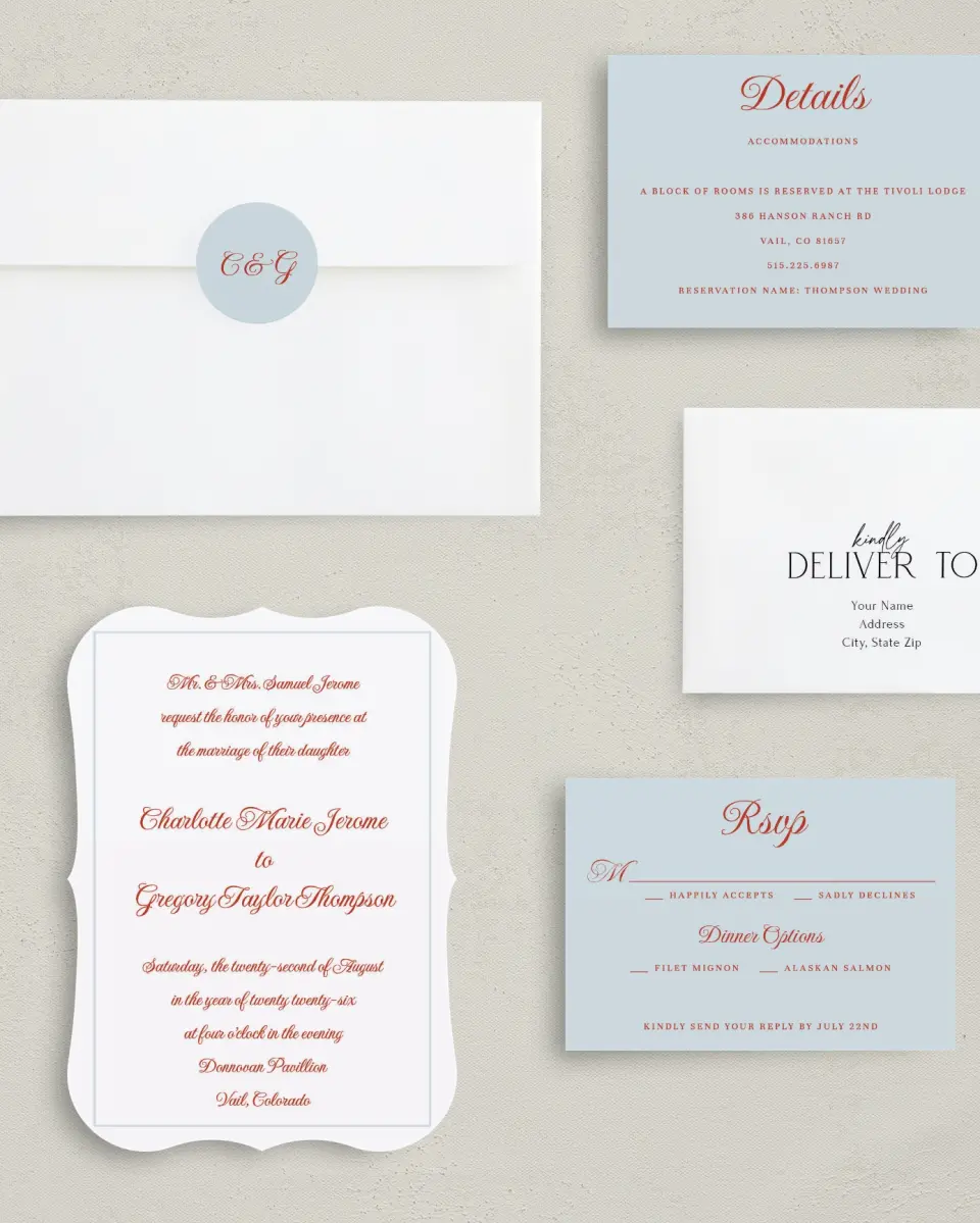 This is a 5" x 7" Bracket Wedding Invitation called Mod Elegance printed in full color with Silver foil on Luxe Satin (coated) paper