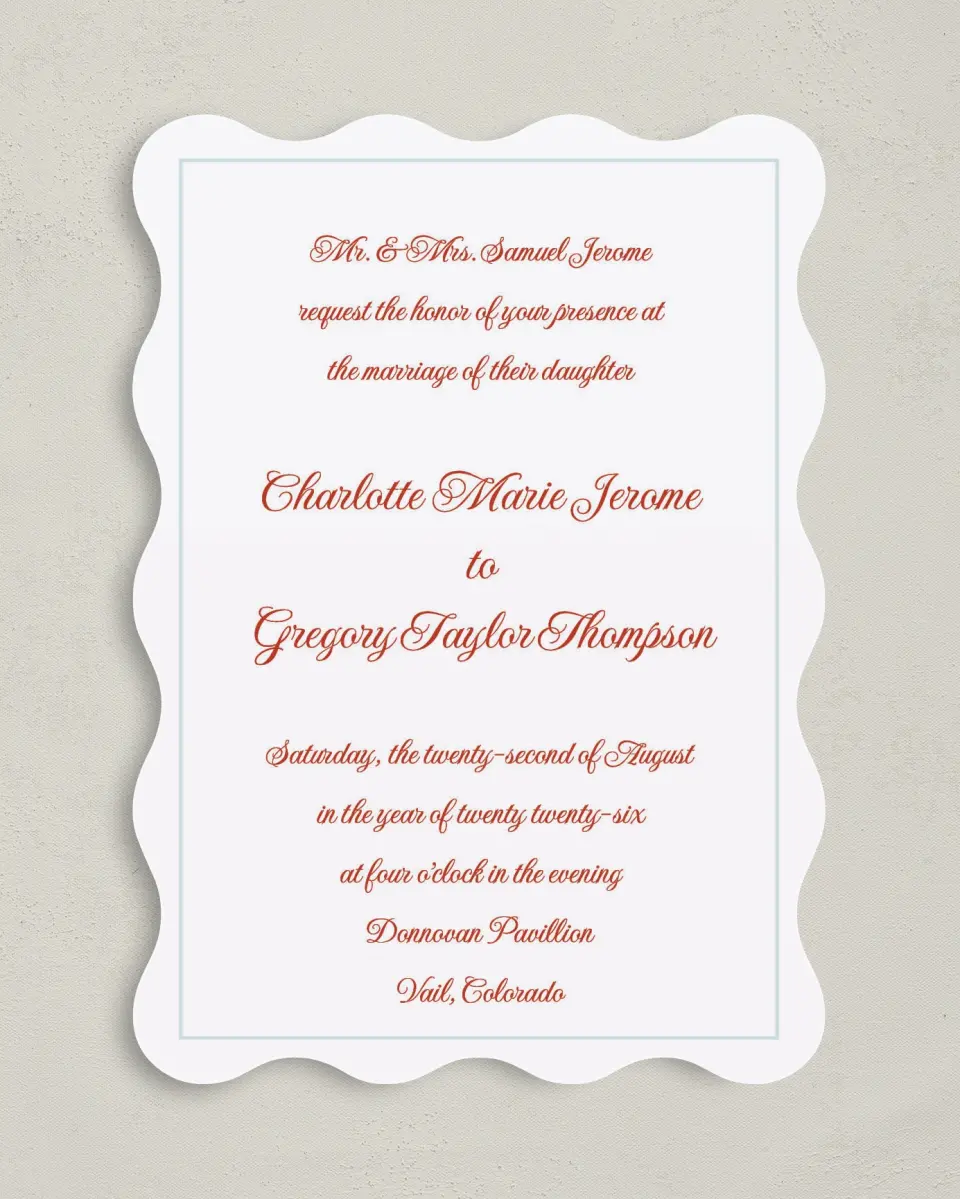 This is a 5" x 7" Wavy Wedding Invitation called Mod Elegance printed in full color on Premium Smooth paper