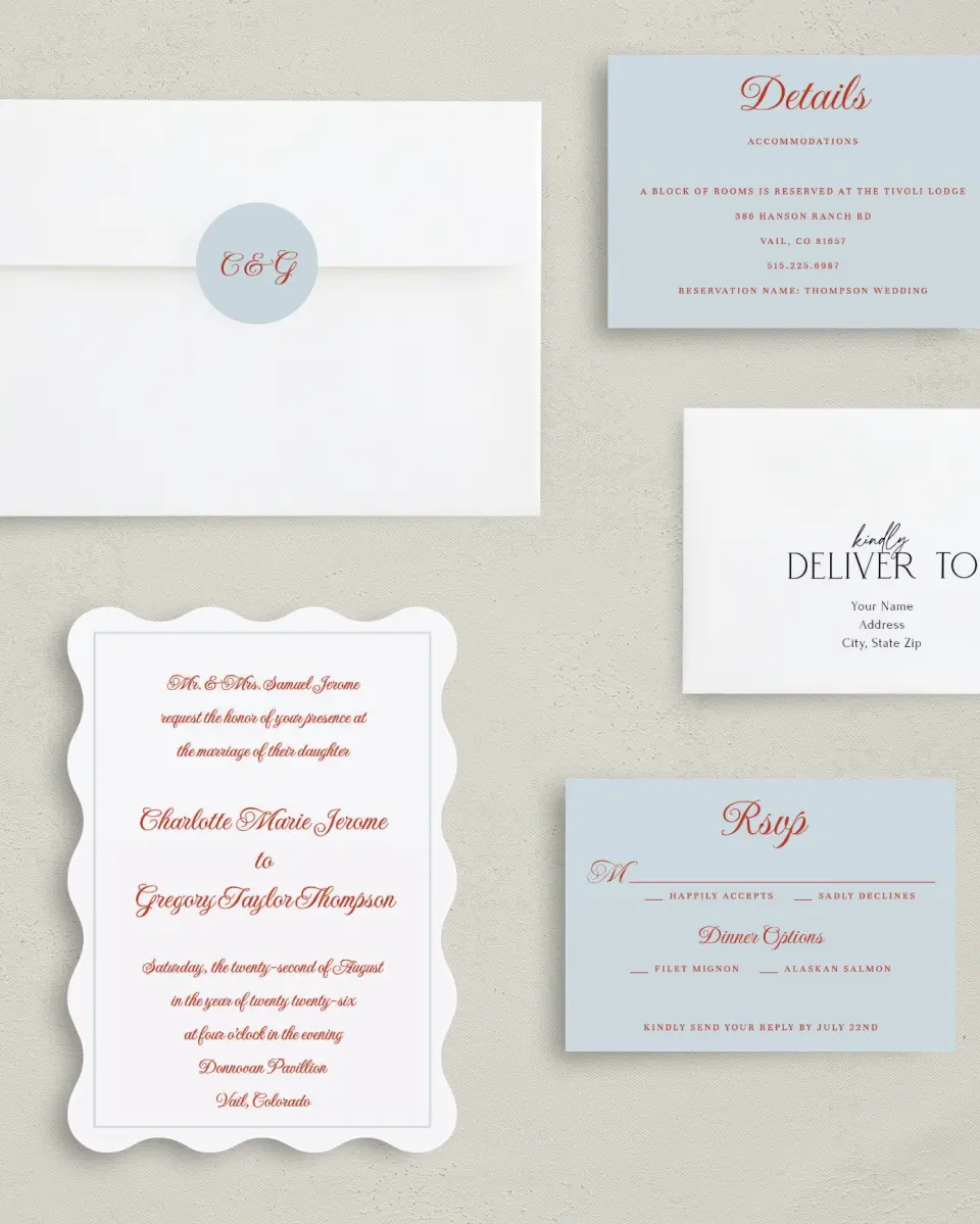 This is a 5" x 7" Wavy Wedding Invitation called Mod Elegance printed in full color with Silver foil on Luxe Satin (coated) paper