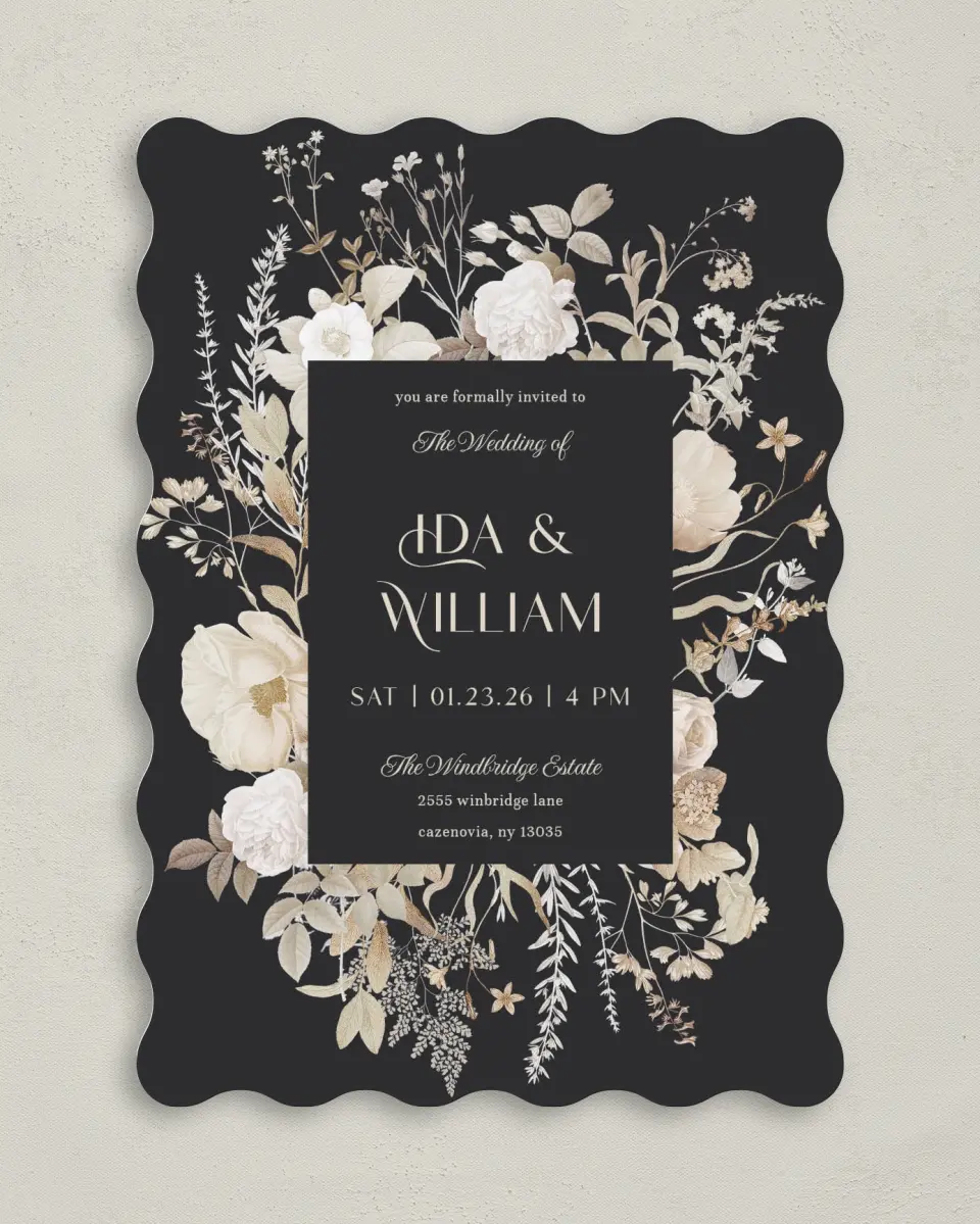 This is a 5" x 7" Wavy Wedding Invitation called Winter Wildflowers printed in full color on Premium Smooth paper