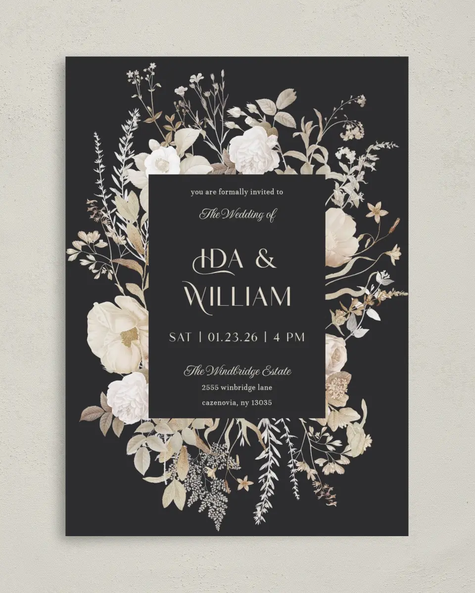 This is a 5" x 7" Classic Wedding Invitation called Winter Wildflowers printed in full color on Premium Smooth paper