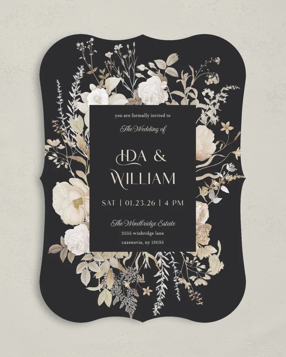 This is a 5" x 7" Bracket Wedding Invitation called Winter Wildflowers printed in full color with Silver foil on Luxe Satin (coated) paper