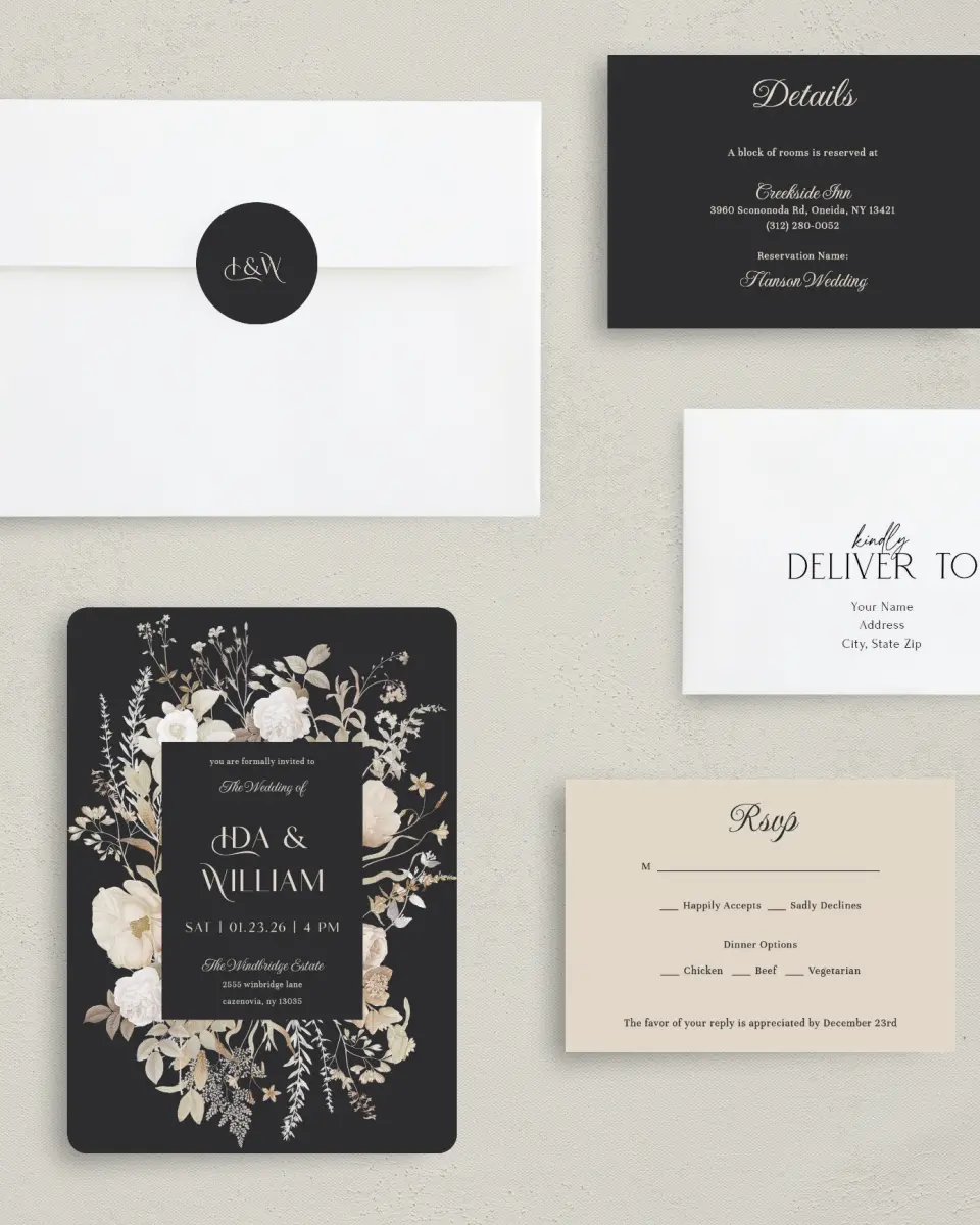 This is a 5" x 7" Rounded Wedding Invitation called Winter Wildflowers printed in full color with Gold foil on Luxe Satin (coated) paper