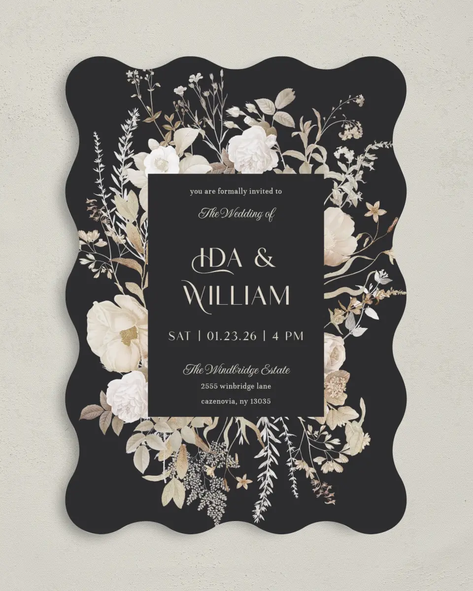 This is a 5" x 7" Wavy Wedding Invitation called Winter Wildflowers printed in full color on Premium Smooth paper