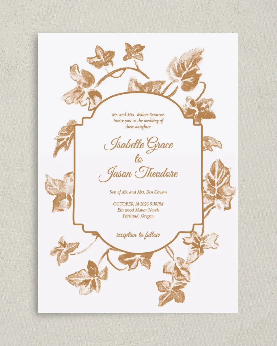 This is a 5" x 7" Classic Wedding Invitation called Elegant Autumn printed in full color on Premium Smooth paper