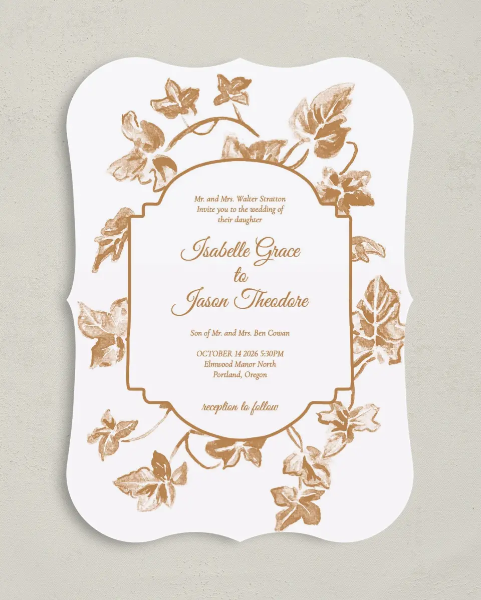 This is a 5" x 7" Bracket Wedding Invitation called Elegant Autumn printed in full color with Silver foil on Luxe Satin (coated) paper