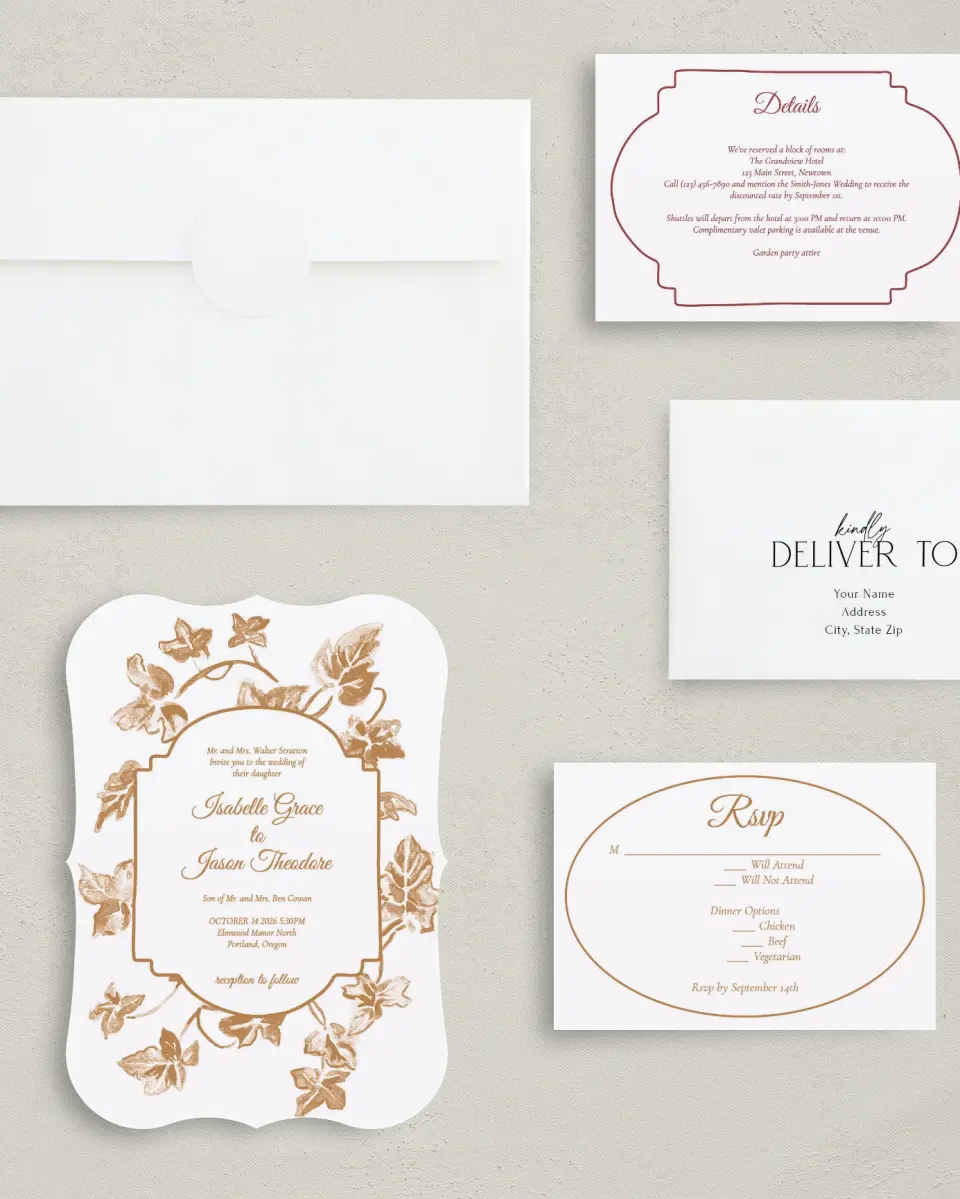This is a 5" x 7" Bracket Wedding Invitation called Elegant Autumn printed in full color with Silver foil on Luxe Satin (coated) paper