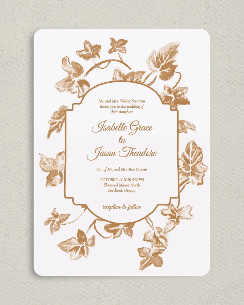 This is a 5" x 7" Rounded Wedding Invitation called Elegant Autumn printed in full color on Premium Smooth paper