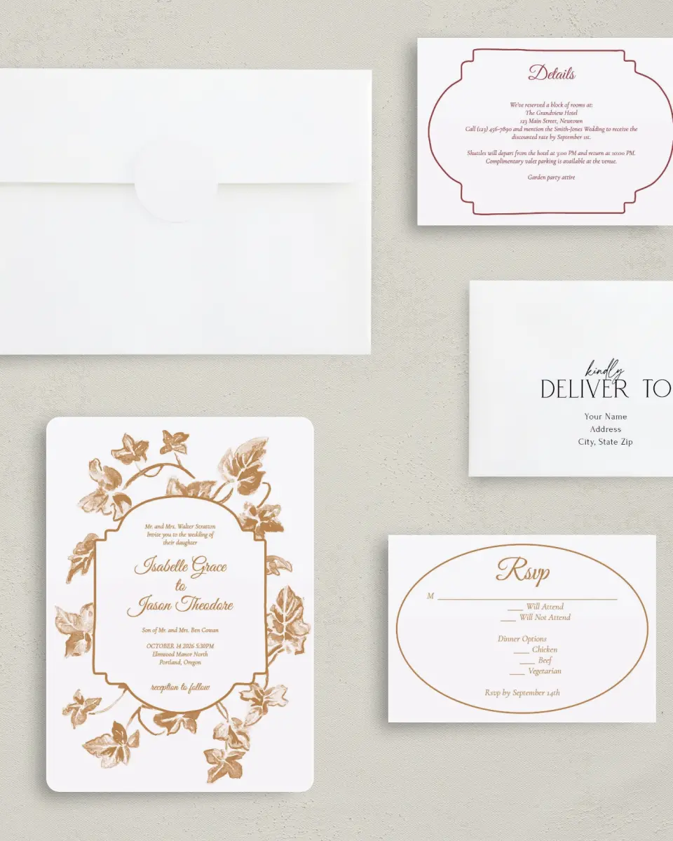This is a 5" x 7" Rounded Wedding Invitation called Elegant Autumn printed in full color with Gold foil on Luxe Satin (coated) paper