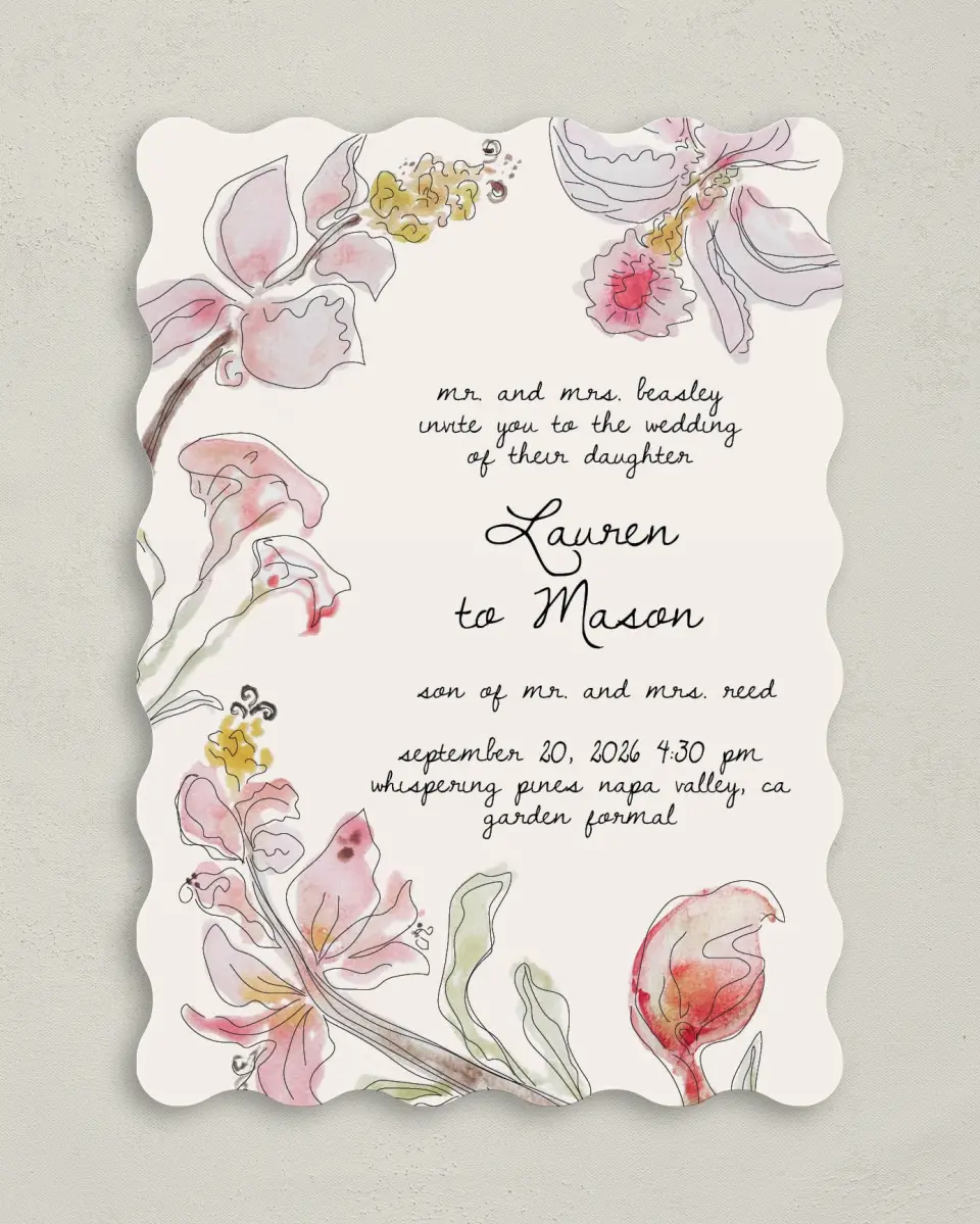 This is a 5" x 7" Wavy Wedding Invitation called Forever Bud printed in full color on Premium Smooth paper