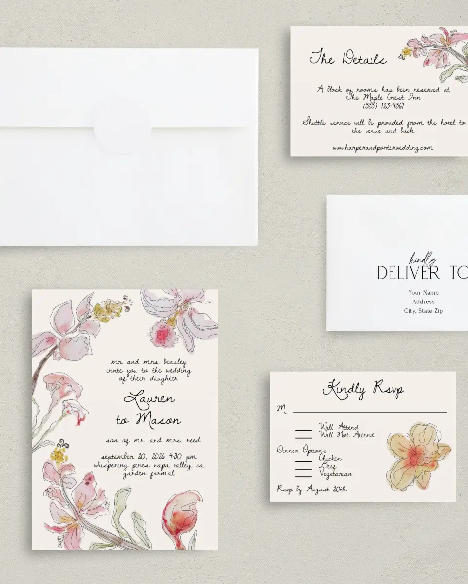 This is a 5" x 7" Classic Wedding Invitation called Forever Bud printed in full color with Silver foil on Luxe Satin (coated) paper