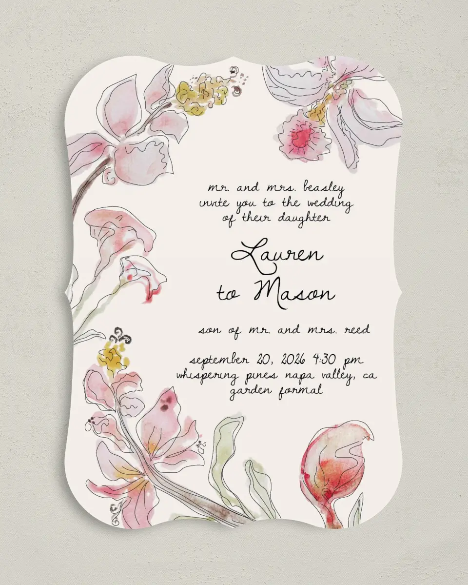 This is a 5" x 7" Bracket Wedding Invitation called Forever Bud printed in full color with Silver foil on Luxe Satin (coated) paper