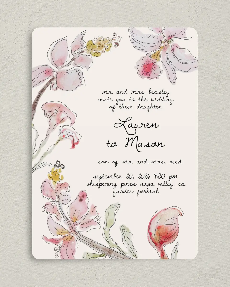 This is a 5" x 7" Rounded Wedding Invitation called Forever Bud printed in full color on Premium Smooth paper