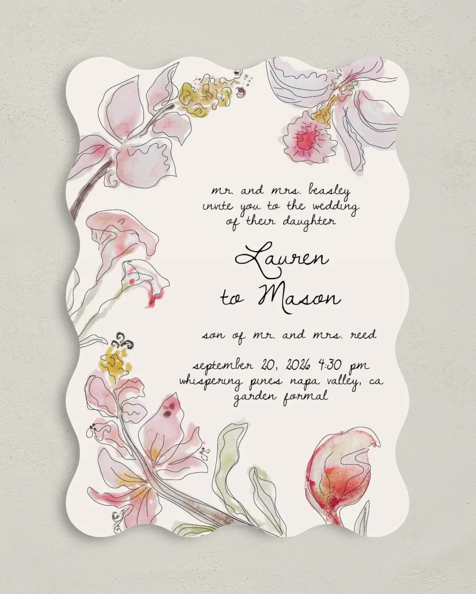 This is a 5" x 7" Wavy Wedding Invitation called Forever Bud printed in full color on Premium Smooth paper