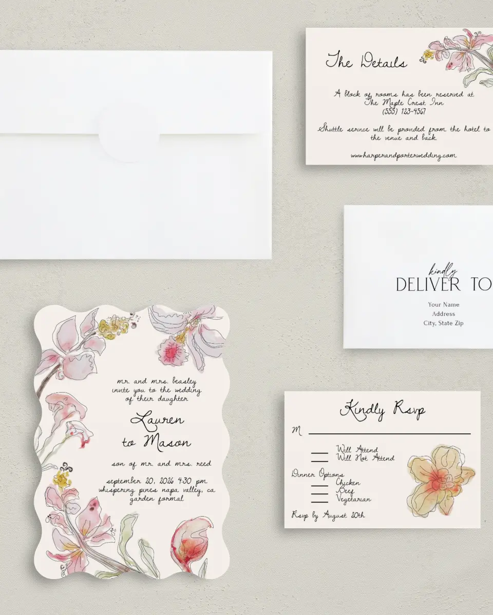 This is a 5" x 7" Wavy Wedding Invitation called Forever Bud printed in full color on Premium Smooth paper