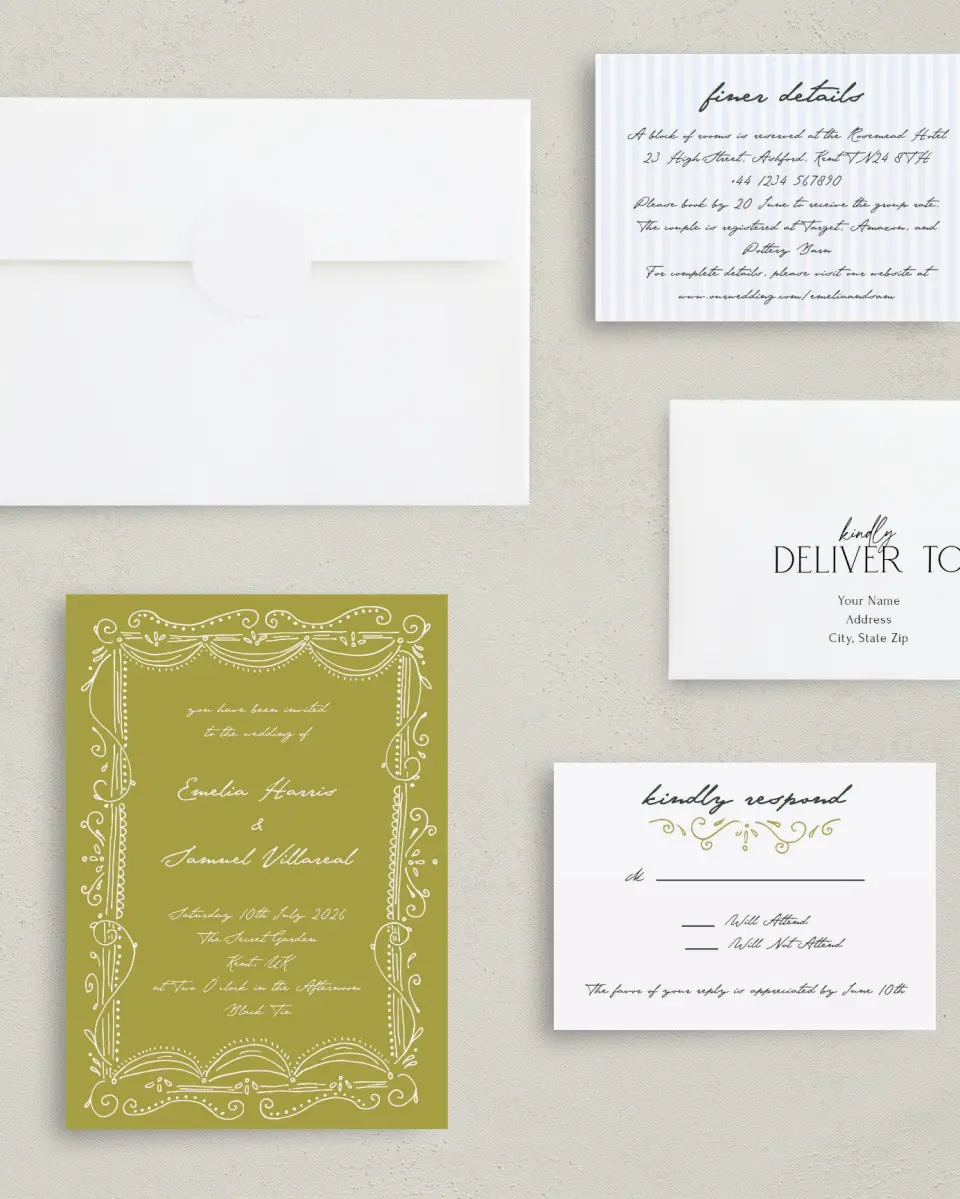 This is a 5" x 7" Classic Wedding Invitation called With Love printed in full color with Rose Gold foil on Luxe Satin (coated) paper