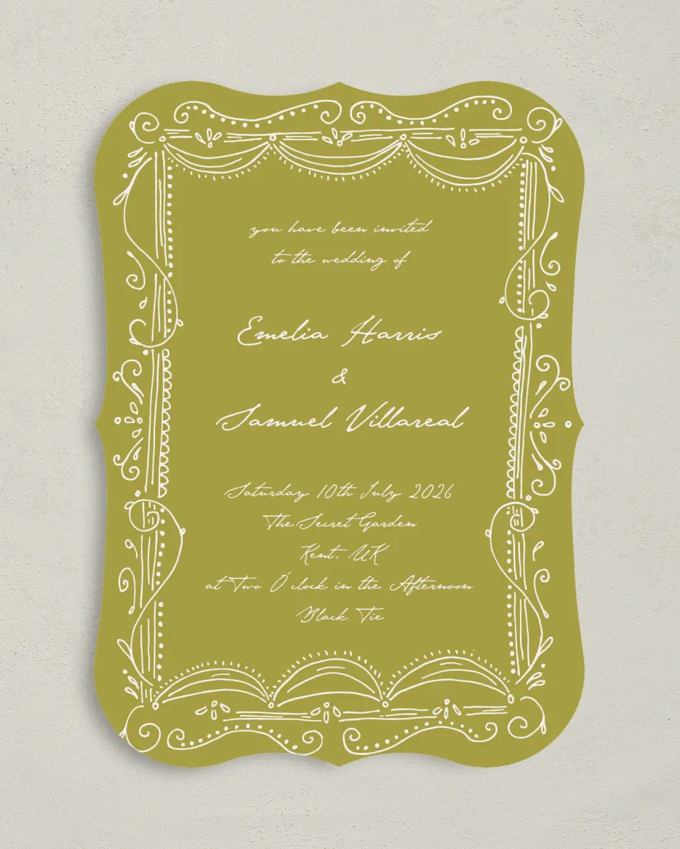 This is a 5" x 7" Bracket Wedding Invitation called With Love printed in full color with Silver foil on Luxe Satin (coated) paper