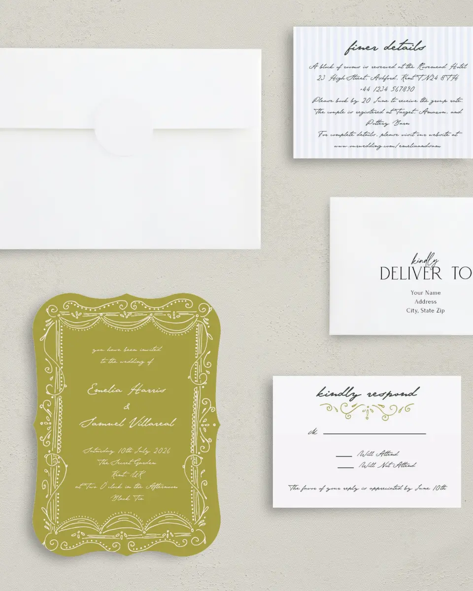 This is a 5" x 7" Bracket Wedding Invitation called With Love printed in full color with Silver foil on Luxe Satin (coated) paper