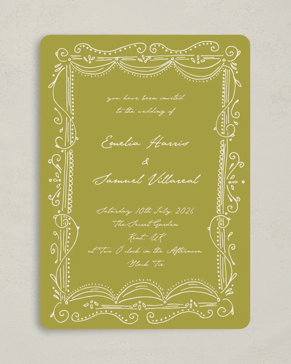 This is a 5" x 7" Rounded Wedding Invitation called With Love printed in full color on Premium Smooth paper