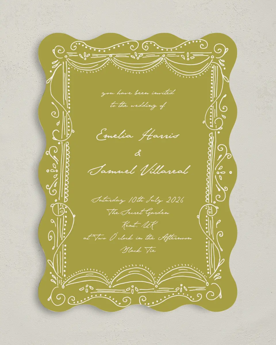 This is a 5" x 7" Wavy Wedding Invitation called With Love printed in full color on Premium Smooth paper