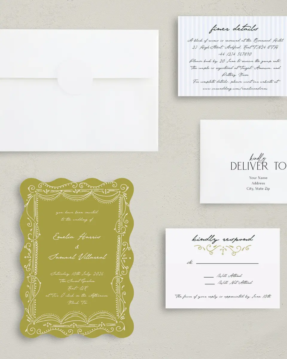 This is a 5" x 7" Wavy Wedding Invitation called With Love printed in full color on Premium Smooth paper