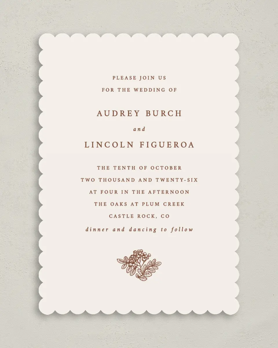 This is a 5" x 7" Classic Wedding Invitation called Autumn Vow printed in full color on Premium Smooth paper