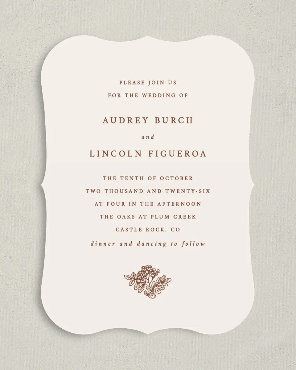 This is a 5" x 7" Bracket Wedding Invitation called Autumn Vow printed in full color on Premium Smooth paper