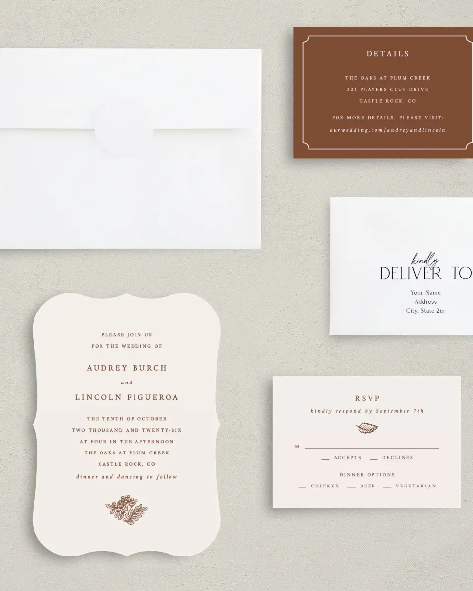 This is a 5" x 7" Bracket Wedding Invitation called Autumn Vow printed in full color with Silver foil on Luxe Satin (coated) paper