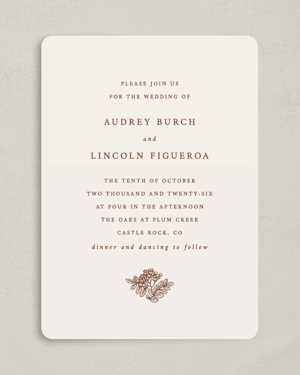 This is a 5" x 7" Rounded Wedding Invitation called Autumn Vow printed in full color on Premium Smooth paper