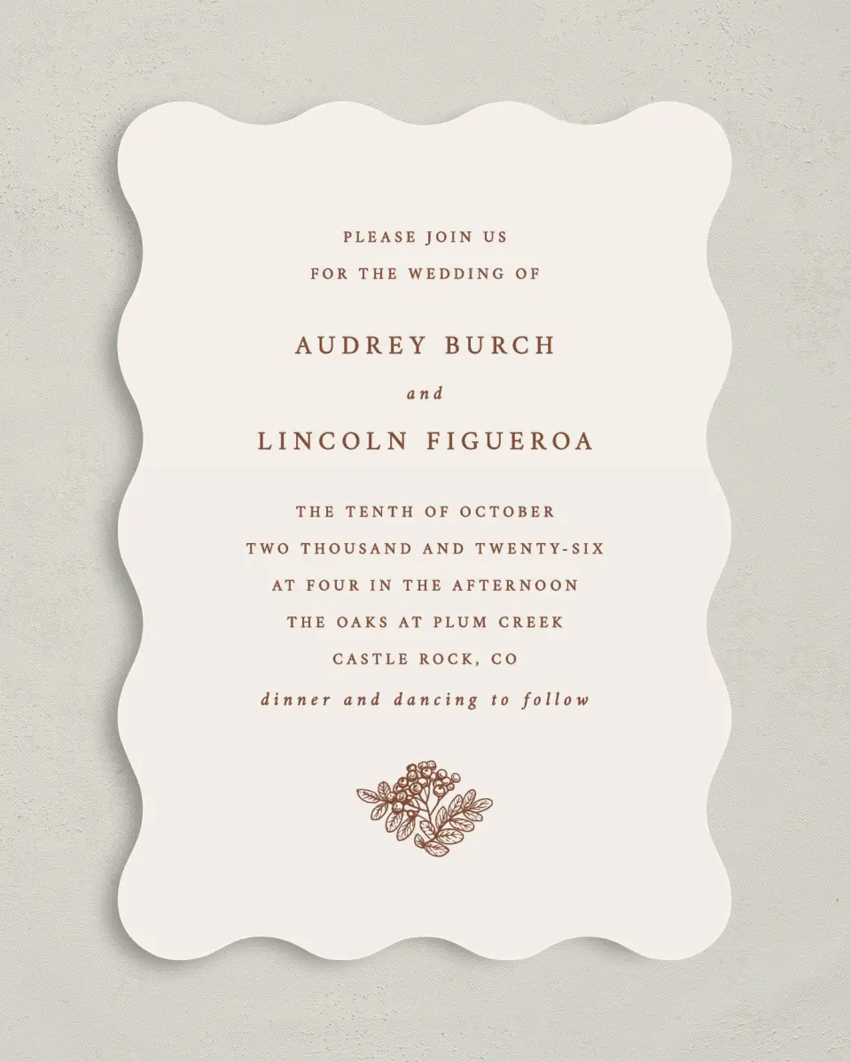 This is a 5" x 7" Wavy Wedding Invitation called Autumn Vow printed in full color on Premium Smooth paper