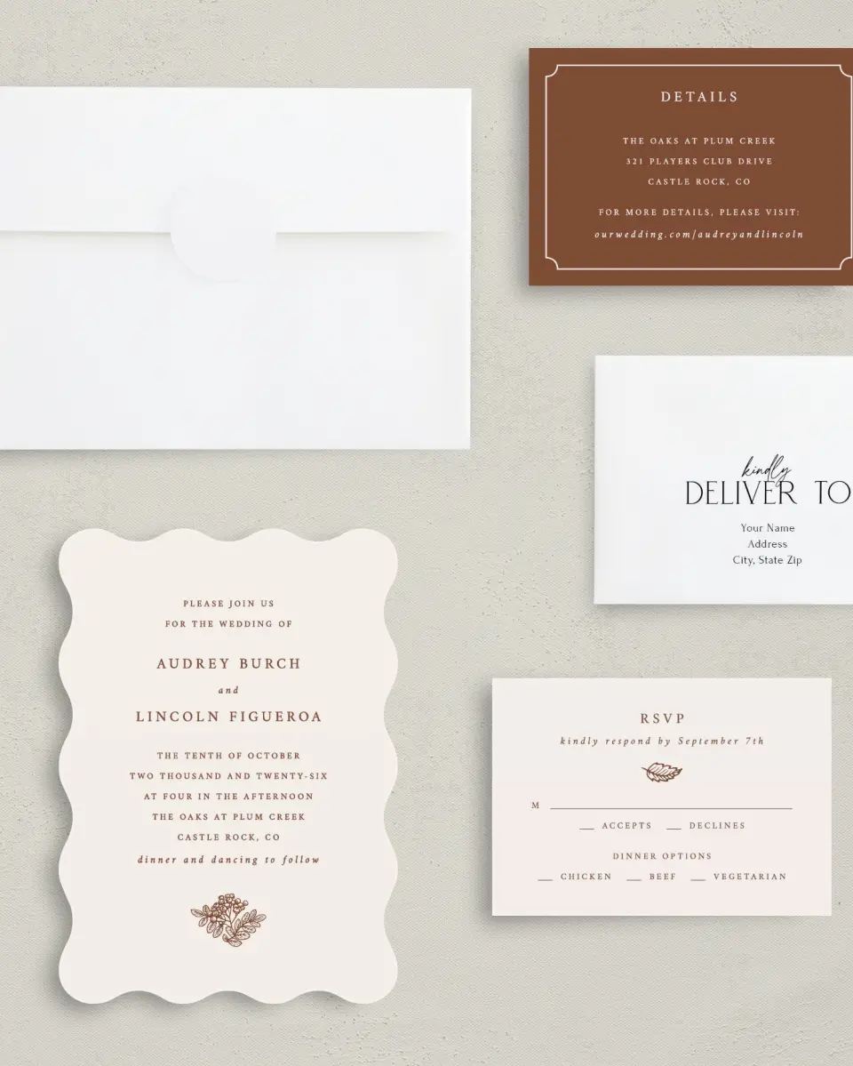 This is a 5" x 7" Wavy Wedding Invitation called Autumn Vow printed in full color with Silver foil on Luxe Satin (coated) paper